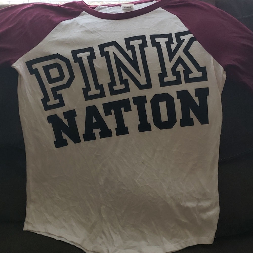 Long sleeve PINK shirt, no stains, maroon sleeves